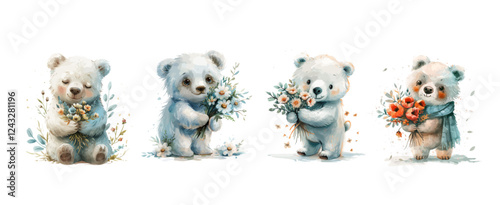 Cute polar bears with flowers. Cute kitten on white background. For kids birthday party Invitation card print Watercolor style poster template