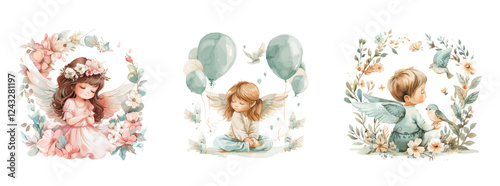 Cute angels with wings, adorable cartoon characters for boys and girls in cupid or cherub costumes, vector illustration
