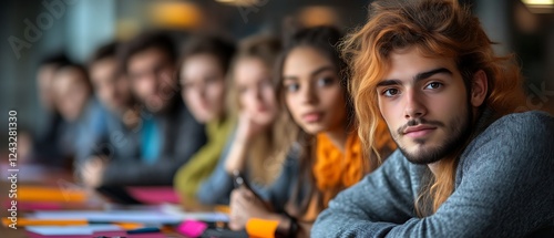 Young man with long hair looking at camera, surrounded by diverse group of students.