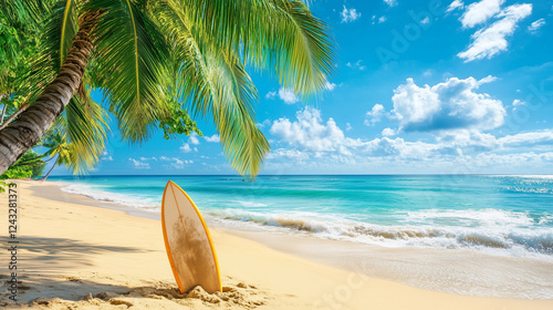 An amazing beach view with a surfboard stuck in the sand, capturing the essence of summer, adventure, and relaxation. Perfect for travel, sports, and vacation themes.
