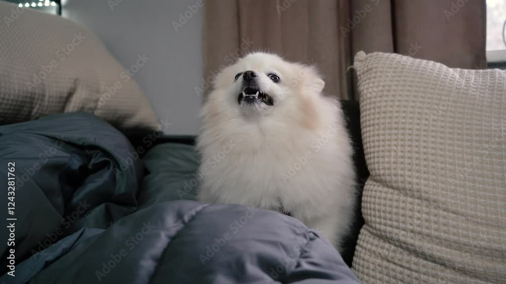 little fluffy puppy dog white cream color looks at camera with cute look. Pomeranian breed Spitz playfully sits on sofa. Animals are friends of people little fluffy puppy dog white cream color looks at camera with cute look. Pomeranian breed Spitz playfully sits on sofa. Animals are friends of people