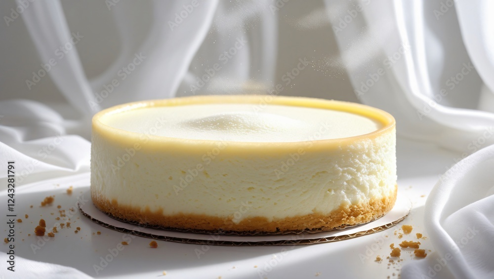 A delicate Japanese cheesecake with a cotton-soft texture and golden edges glistens under gentle light, set against a crisp white background with scattered crumbs adding rustic charm. A delicate Japanese cheesecake with a cotton-soft texture and golden edges glistens under gentle light, set against a crisp white background with scattered crumbs adding rustic charm.