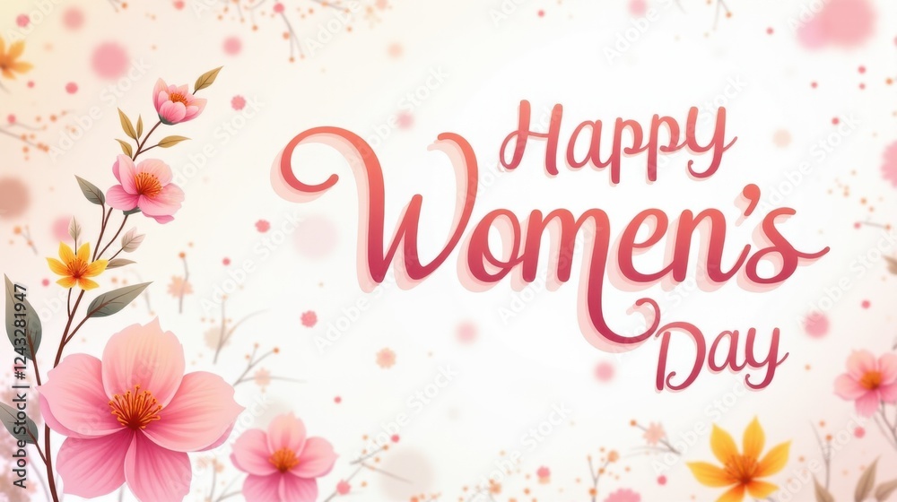 Obraz premium Postcard to International womens Day, 8 March. Hand Letterimg in pink color with border of colorful and tender flowers on white background