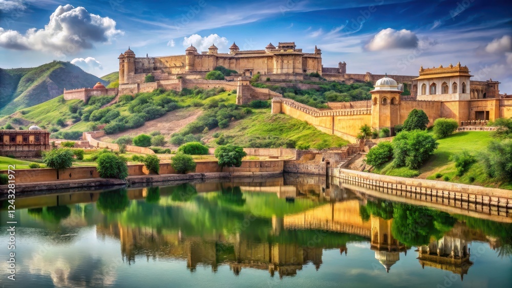 Obraz premium Majestic Hilltop Fortress Reflecting in Serene Waters A Picturesque Scene of Architectural Grandeur and Tranquil Beauty