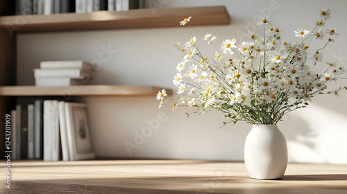 Spring Wildflower Farmhouse Zoom Background for Virtual Meetings, minimalist bookshelf, neutral color palette, ad posters, geometric ceramic vases, white background, soft-focus, minimalistic objects
