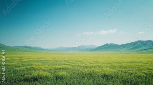 A calm mountain vista with a clear blue sky and green meadows, offering a peaceful and expansive view ideal for mindfulness and relaxation.