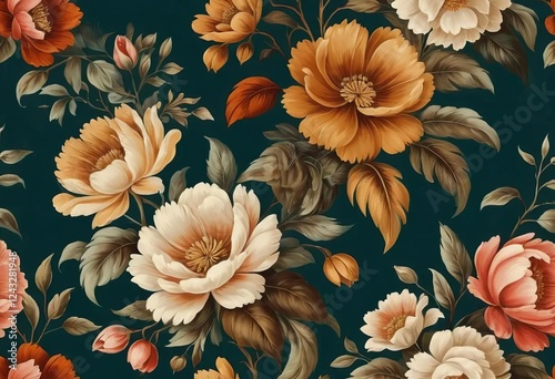 An abstract painting of flowers in various colors on a white background