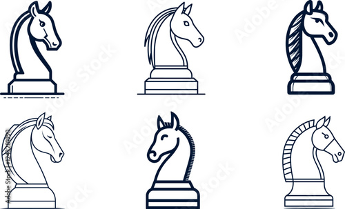 Set of Chess knight horse piece icon logo vector silhouette black head