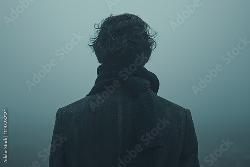 Young man in foggy landscape wearing scarf and dark coat photo