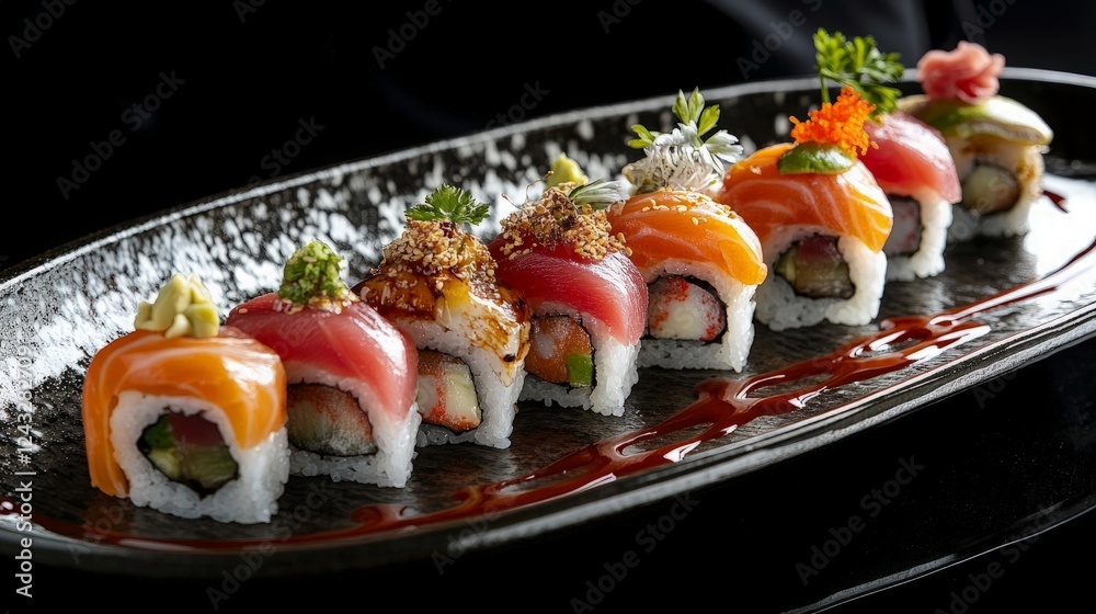 Sushi chef serving an elegantly arranged platter of sushi rolls with various toppings, including tuna, avocado, and eel, drizzled with soy sauce.