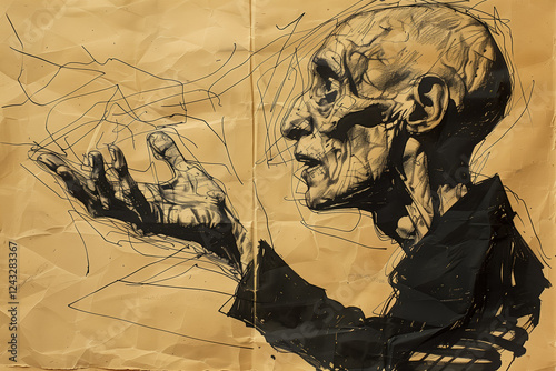 Wallpaper Mural Elderly man sketch holding out hand on crumpled paper with abstract lines Torontodigital.ca