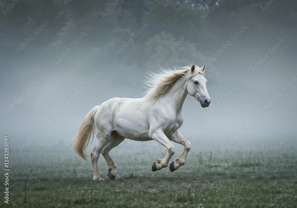 Fototapeta premium Majestic White Horse Galloping in Mist