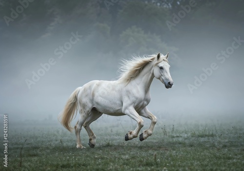Majestic White Horse Galloping in Mist