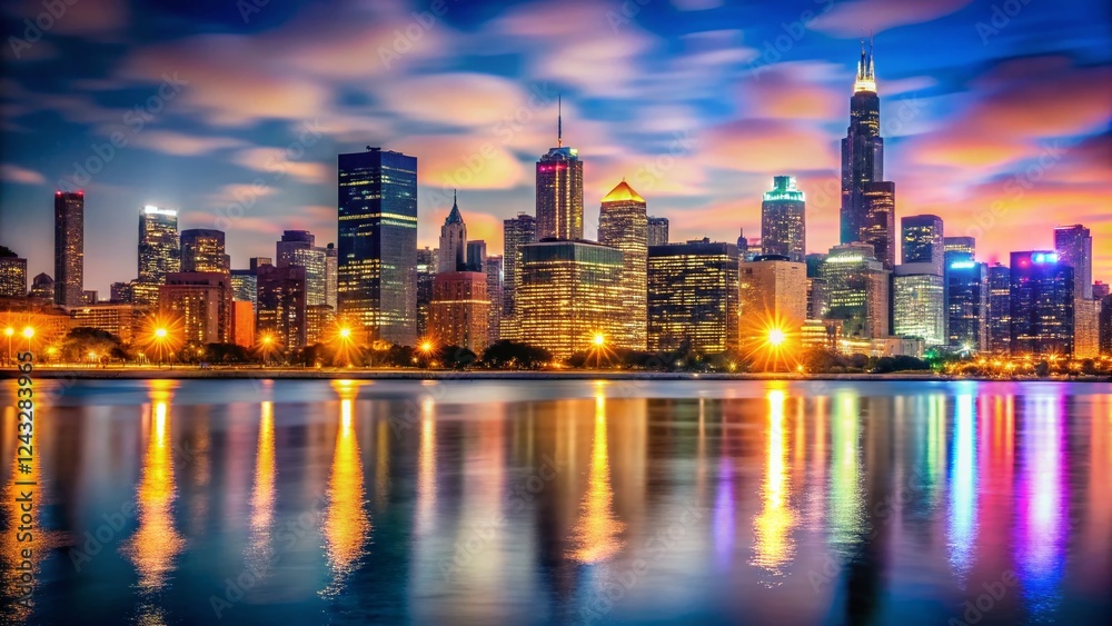 Obraz premium Chicago Skyline Lake Michigan Bokeh Night Photography