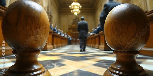 Man walking down a hall with wooden newel posts in focus.