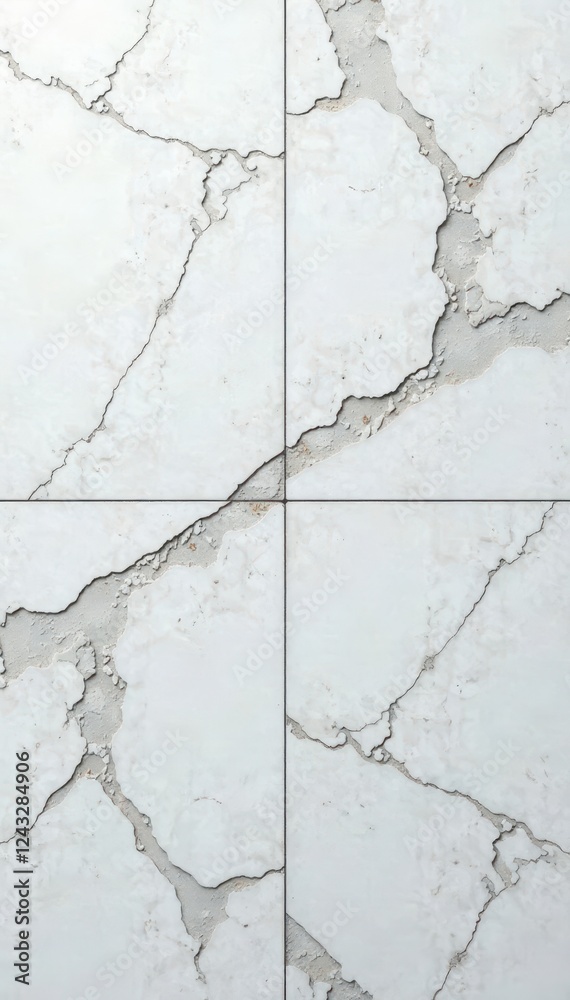 Obraz premium Chipped marble tile; white, grey, with deep gouges, dusty, dusty, building
