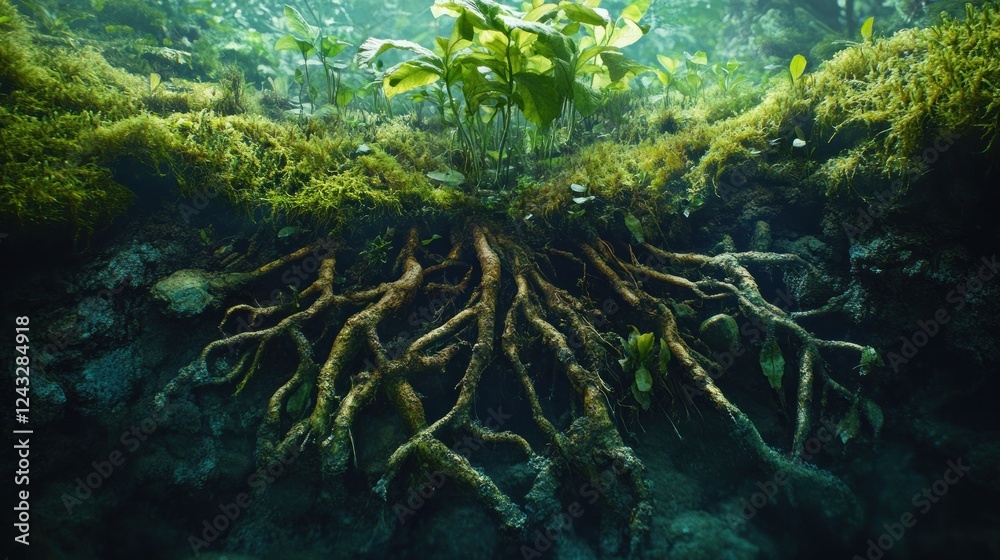 Fototapeta premium Underwater plant roots, moss, aquatic life, sunlit cave, nature background