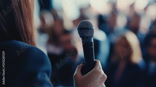 A journalist with a microphone engaging with the audience at a press conference.