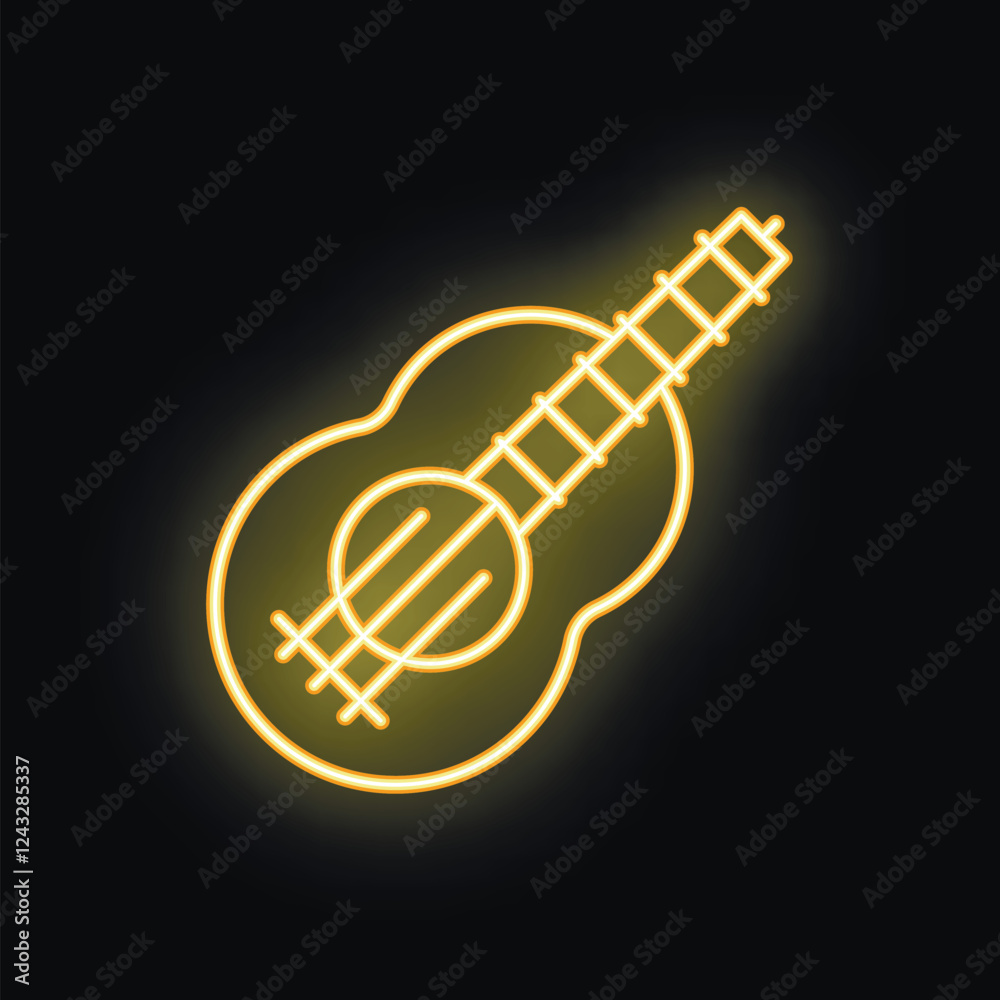 Bright yellow neon light forming the shape of an acoustic guitar, creating a warm and inviting glow on a dark background Bright yellow neon light forming the shape of an acoustic guitar, creating a warm and inviting glow on a dark background