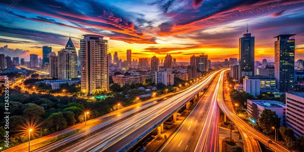 Fototapeta premium City Twilight Tapestry: Vibrant Traffic Trails and Glowing Lights