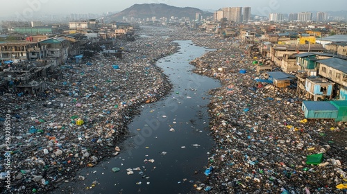 Aerial view of polluted river choked with plastic waste, slum homes in background