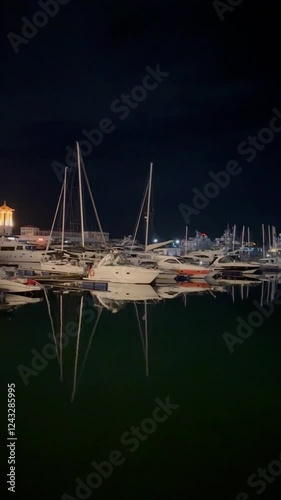 Wallpaper Mural Marina and pier at night filled with yachts of various sizes, highlighting their unique angles and features. Luxury Living on the water. Vertical video Torontodigital.ca