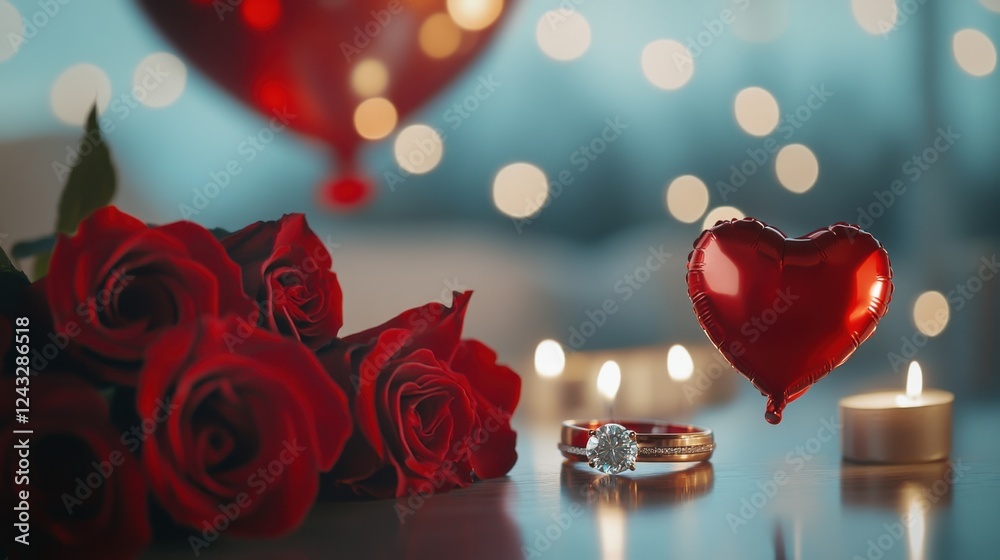 A Romantic Valentine's Day Arrangement: A Sparkling Diamond Ring Nestled Beside a Delicate Red Heart, Surrounded by a Bouquet of Lush Red Roses and Flickering Candles, All Bathed in a Soft, Dreamy Lig A Romantic Valentine's Day Arrangement: A Sparkling Diamond Ring Nestled Beside a Delicate Red Heart, Surrounded by a Bouquet of Lush Red Roses and Flickering Candles, All Bathed in a Soft, Dreamy Lig