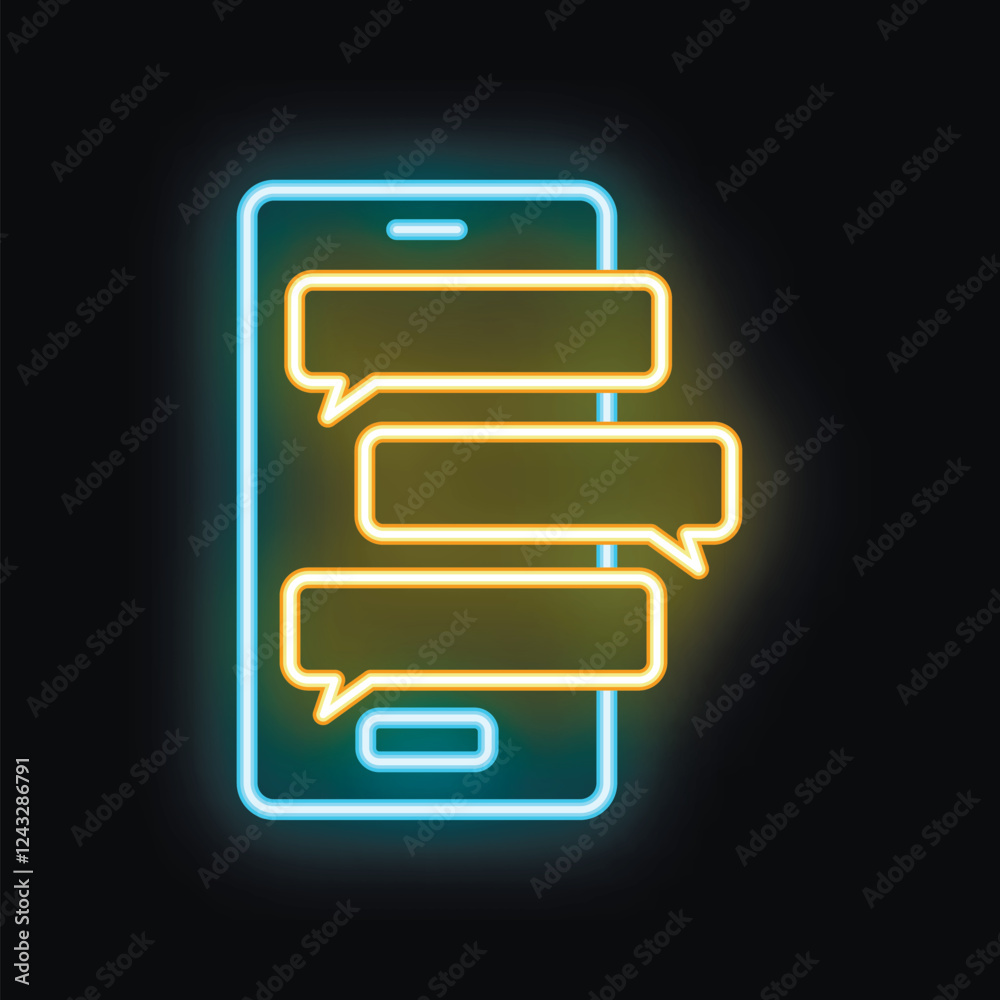 Smartphone displaying instant messages with a neon light effect on a black background Smartphone displaying instant messages with a neon light effect on a black background