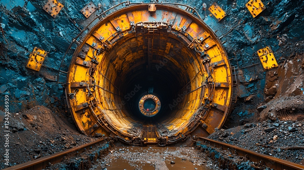Obraz premium Tunnel Construction Site Underground Mining, Rail Tracks, Dark Interior
