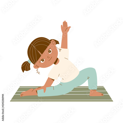 cute girl doing yoga movements on a yoga math, cartoon art, drawn, Scandinavian children style