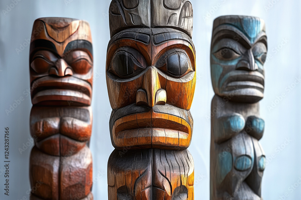 Traditional Totem Pole Standing Tall in Natural Surroundings Traditional Totem Pole Standing Tall in Natural Surroundings