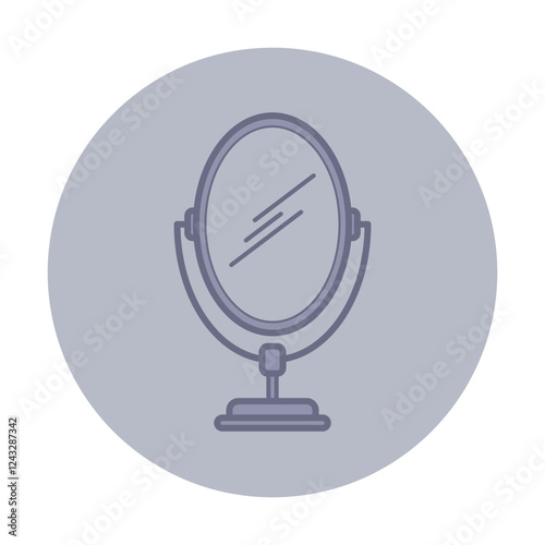 Line icon of vanity mirror with modern look. Mirror of oval shape supported by stand, against grey background