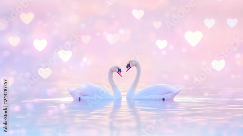 Fototapeta Naklejka Na Ścianę i Meble -  Two elegant swans gracefully swim in pastel toned lake, surrounded by soft heart shaped bokeh, creating romantic atmosphere