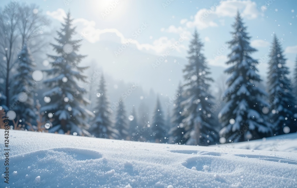 Snow-covered trees with a blue sky and falling snowflakes in the background Snow-covered trees with a blue sky and falling snowflakes in the background