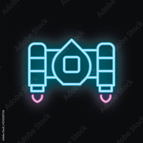 Neon sign of a spacecraft flying with fire coming out of its engines on a black background