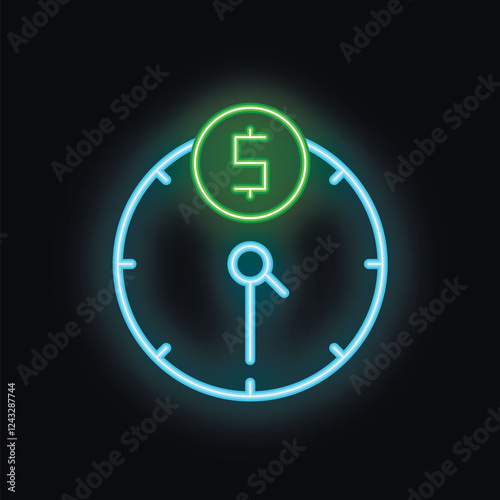 Neon sign depicting a clock with a dollar sign in the center, illustrating the concept of time being equivalent to money