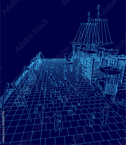 A blue drawing of a playground with a large group of people walking around. Scene is lively and bustling, with people going about their daily lives