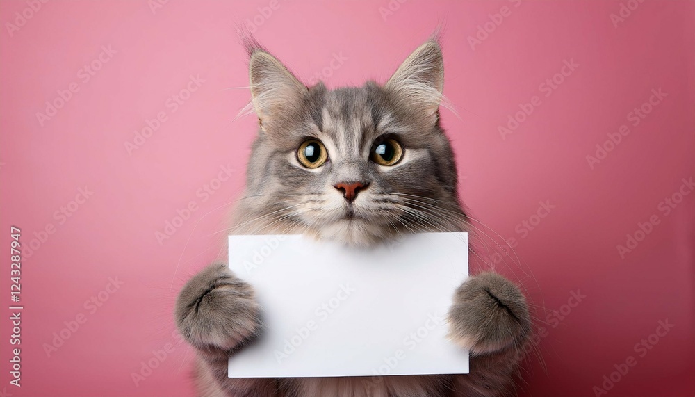 fluffy gray cat holding blank sign against pink background fluffy gray cat holding blank sign against pink background