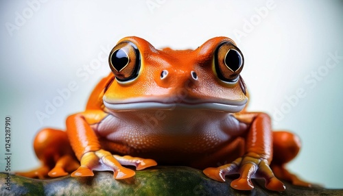 a close up view of a vibrant orange frog with large eyes displaying unique features and textures on a soft background photo