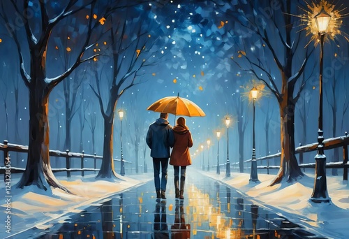 A romantic painting of a couple walking under a glowing umbrella in a starry night