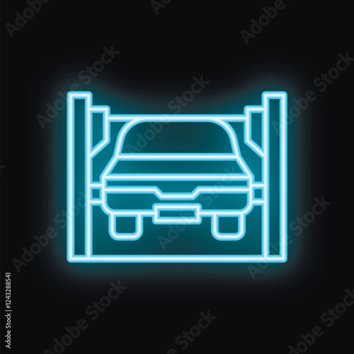 Blue neon sign depicting a car parked between two pillars, isolated on black background