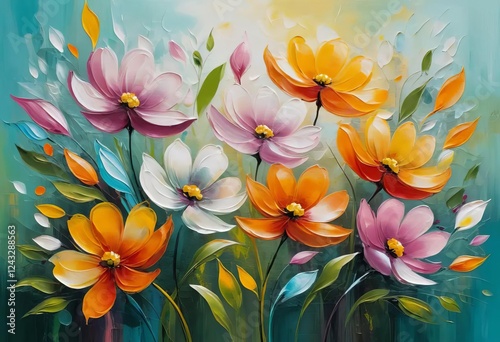 A colorful abstract painting of spring flowers on canvas