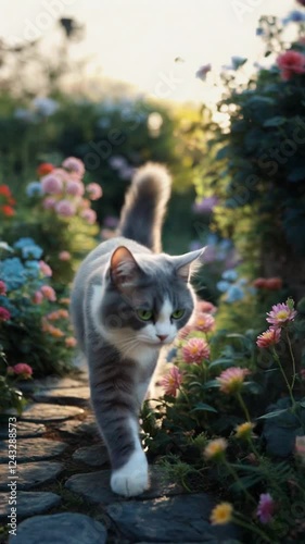 A cute gray kitty walks in the garden among the flowers along the stone path. Soft sunlight.