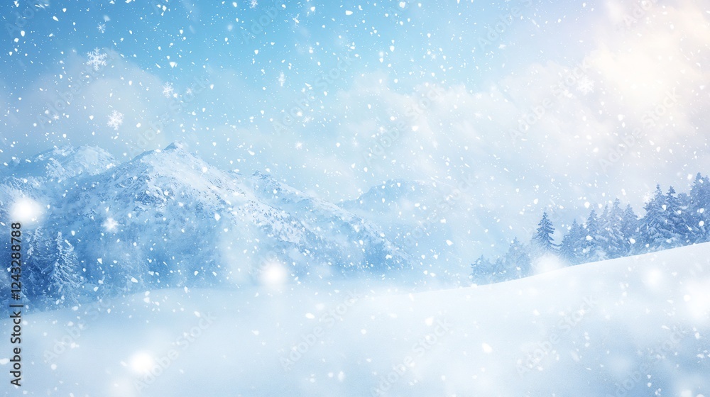 Naklejka premium Snowy mountain winter landscape, snowfall, serene scene, winter wonderland, ideal for seasonal greeting cards