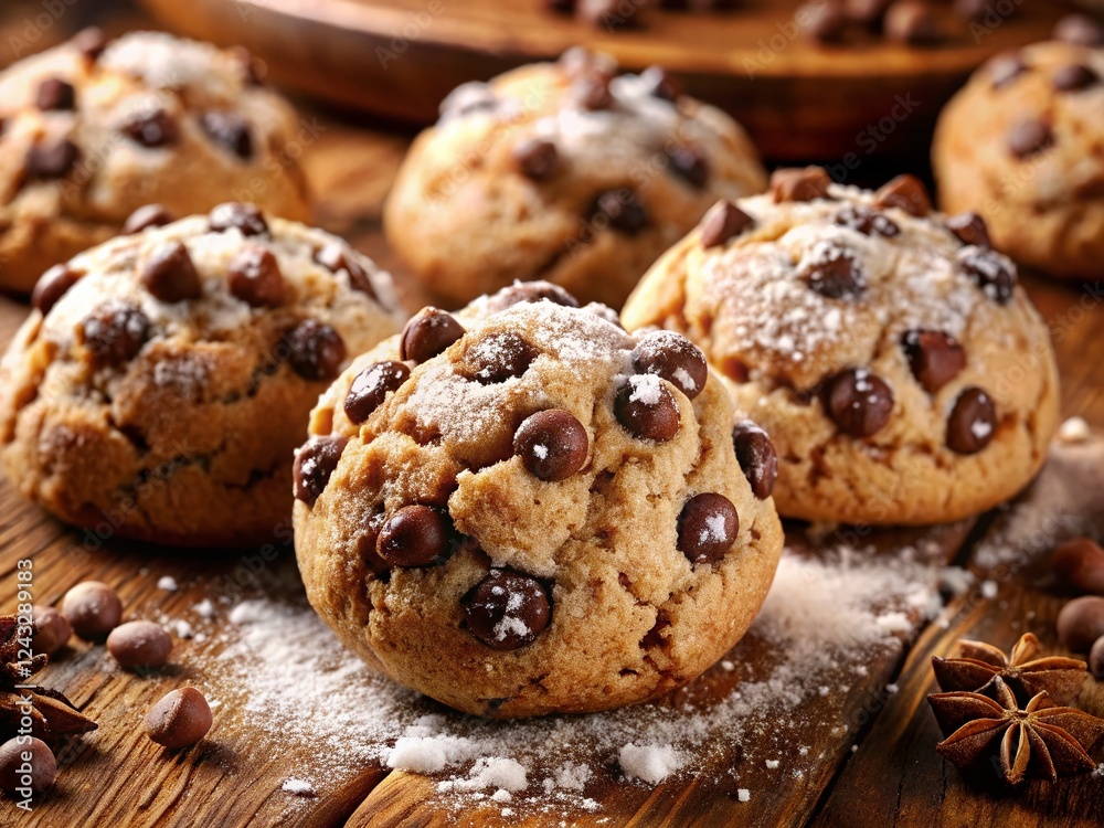 Close-up of Delicious Chocolate Chip Snowball Cookies, Perfectly Baked and Ready to Eat Close-up of Delicious Chocolate Chip Snowball Cookies, Perfectly Baked and Ready to Eat