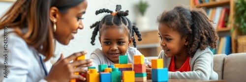 Children engaged in creative play with building blocks guided by a teacher in a bright classroom setting