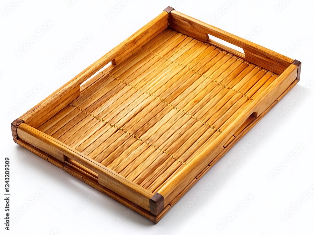 Close-up of Empty Bamboo Tray Isolated on White Background -  Perfect for Mockups & Food Photography
