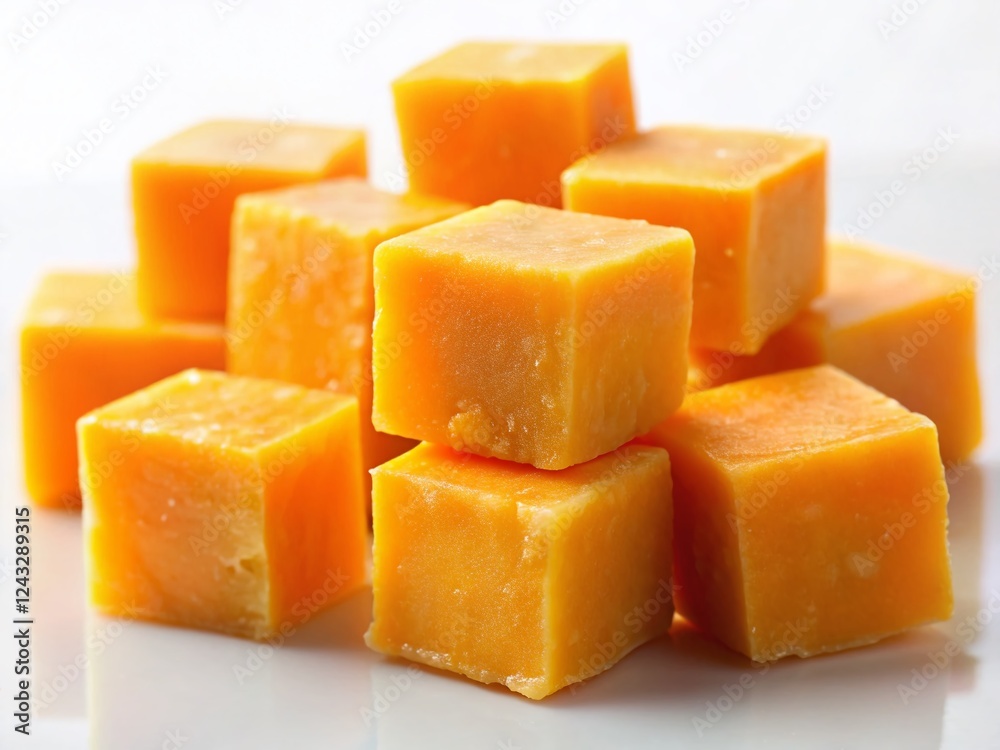 Close-up of Diced Sharp Cheddar Cheese Cubes on White Background - Ready for Cooking Close-up of Diced Sharp Cheddar Cheese Cubes on White Background - Ready for Cooking