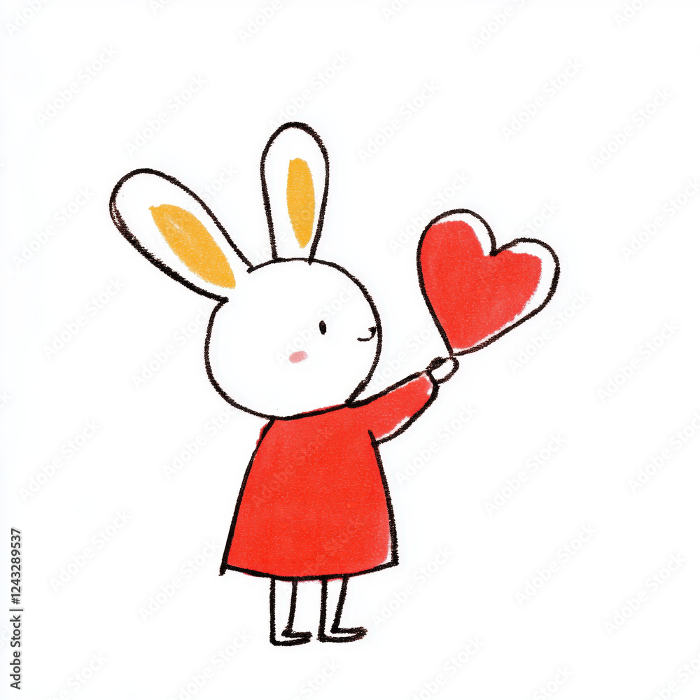 Cute rabbit character holding red heart, wearing red dress Cute rabbit character holding red heart, wearing red dress