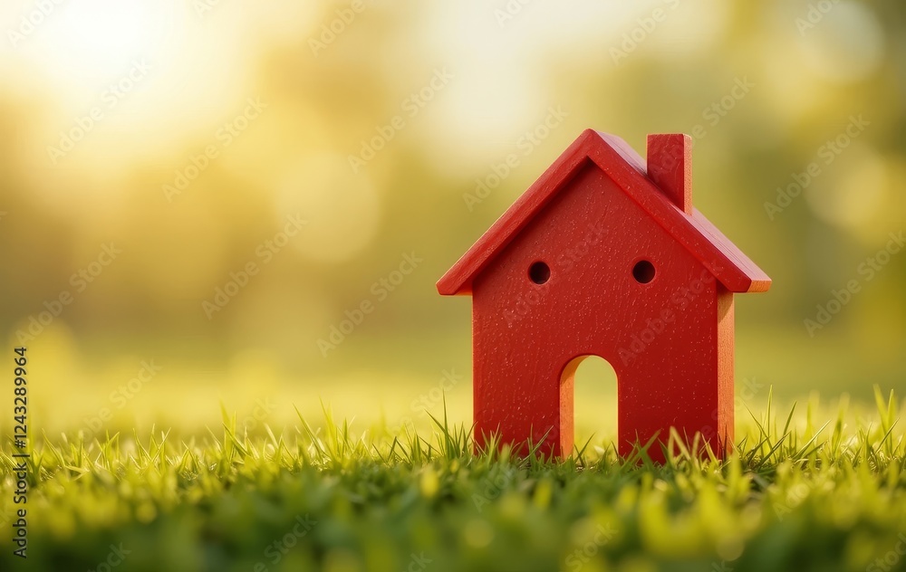 A 3D model of a house in bright red on a sunny background A 3D model of a house in bright red on a sunny background